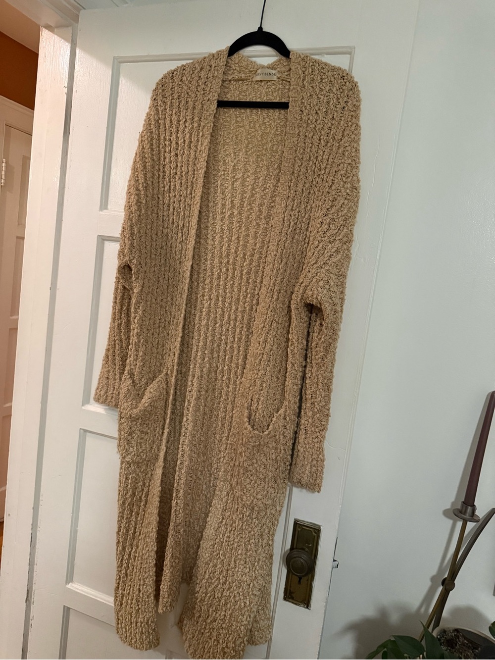Long Open-Front Chunky Knit Cardigan in Tan